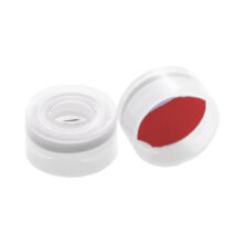 elővágott piros PTFE/fehér szilikon szeptum, 11mm natúr pattintós polipropilén kupak
