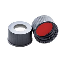 piros PTFE/fehér szilikon szeptum, 10mm fekete csavaros polipropilén kupak piros PTFE/fehér szilikon szeptum, 10mm fekete csavaros polipropilén kupak
