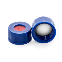 elővágott fehér PTFE/piros szilikon szeptum, 9mm kék széles szájú csavaros polipropilén kupak