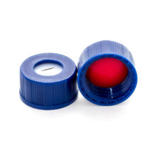 elővágott piros PTFE/fehér szilikon szeptum, 9mm kék széles szájú csavaros polipropilén kupak