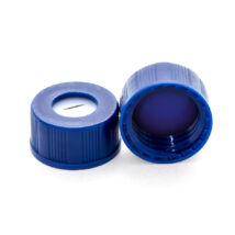 elővágott kék PTFE/fehér szilikon szeptum, 9mm kék széles szájú csavaros polipropilén kupak