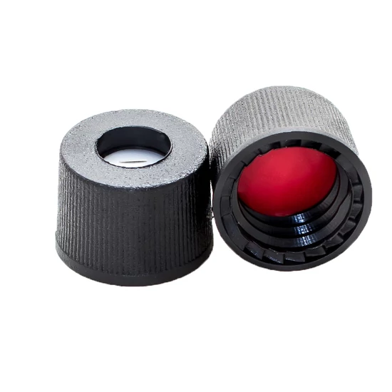 elővágott piros PTFE/fehér szilikon szeptum, 8mm fekete csavaros polipropilén kupak