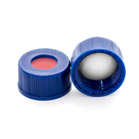 fehér PTFE/piros szilikon szeptum, 9mm kék széles szájú csavaros polipropilén kupak