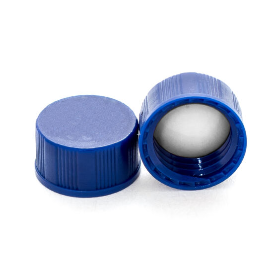 fehér PTFE/piros szilikon szeptum, 9mm kék széles szájú csavaros polipropilén kupak, zárt