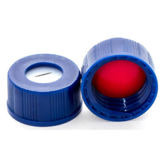 Bonded Pre-slit piros PTFE/fehér szilikon szeptum, 9mm kék széles szájú csavaros polipropilén kupak
