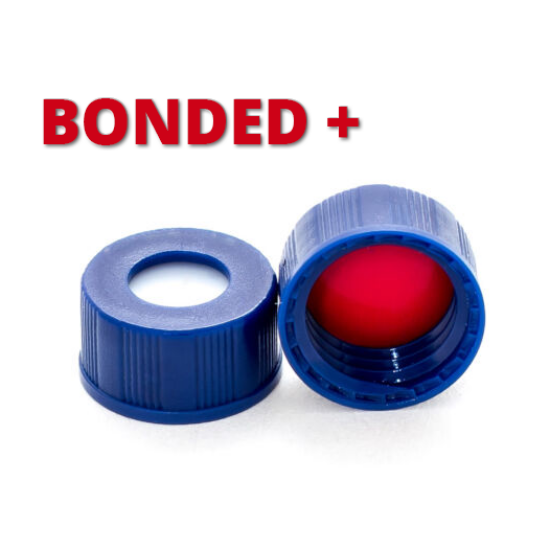 Bonded Pre-slit piros PTFE/fehér szilikon szeptum, 9mm kék széles szájú csavaros polipropilén kupak